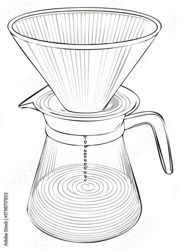 Coffee Dripper Sketch Drawing Manual Pour Over Coffee Brewing Process Illustration Line Art