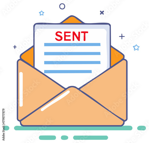 Email message sent confirmation with text SENT on paper in an open envelope