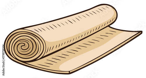 Cartoon vector illustration of a rolled up beige mat, carpet, or fabric scroll