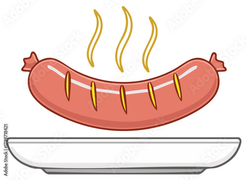 Steaming Hot Grilled Sausage with Grill Marks on a Plate Cartoon Illustration