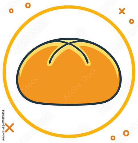 Artistic illustration of a round crusty loaf of bread with a golden center encircled by a yellow ring and playful dots
