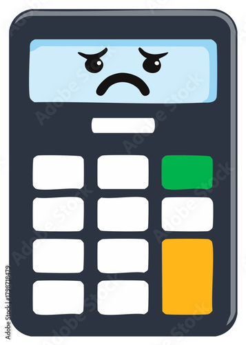 Frowning calculator displaying a sad expression symbolizing financial difficulty or budgeting problem