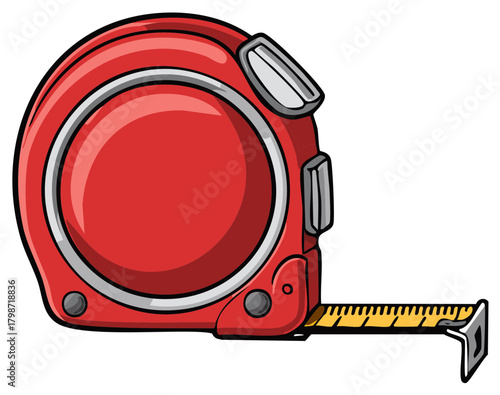 Bright red tape measure with a yellow measuring tape extended, isolated on white.