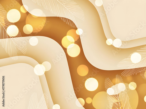 An elegant, modern abstract background featuring flowing, layered waves in warm beige and gold. Includes glowing bokeh lights and subtle line-art details, creating a luxurious and sophisticated design