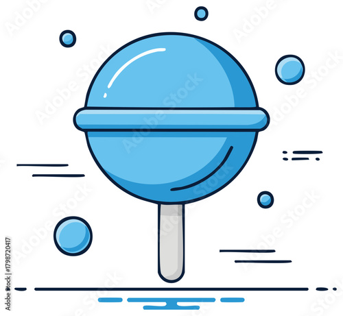 Blue round lollipop illustration, candy on a stick, sweet dessert, treat design element, minimal style drawing, sugary snack graphic