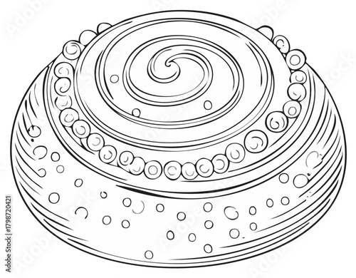 Stylized Drawing of a Round Pastry with Swirl and Pearl Decorations