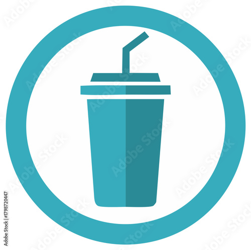 Circular flat design icon of a disposable beverage cup with a straw, a simple symbol for soda and soft drinks