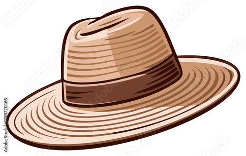 Straw hat isolated. Striped summer headwear. Beach stylish hat. Wide brim sunshade accessory. Vector illustration.