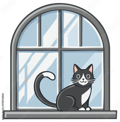 Cute cartoon tuxedo cat with a happy expression sitting on an arched windowsill