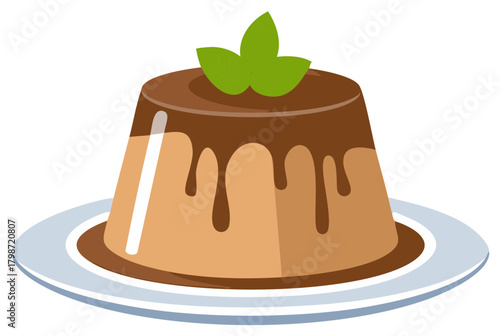 Appetizing caramel dessert illustration featuring dripping chocolate syrup and fresh mint leaves, a sweet treat served on a plate.