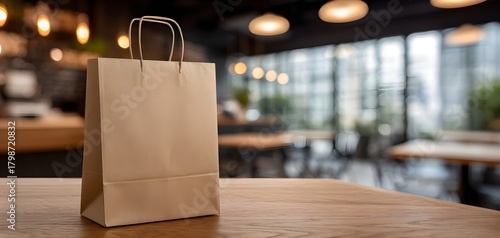 Brown paper shopping bag standing on a wooden table in a cafe with blurred background