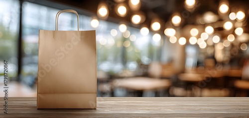 Brown paper shopping bag with handles on a wooden table in a cafe