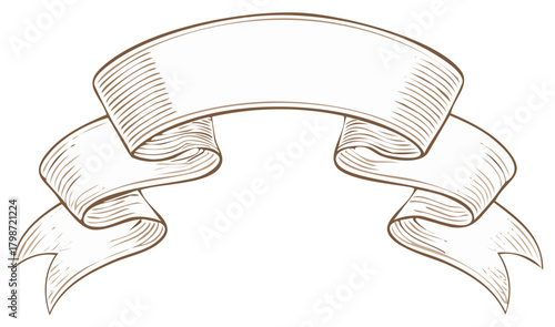 Elegant Ribbon Banner Graphic Element with Curled Ends in Detailed Sketch Illustration Style for Festive Occasion