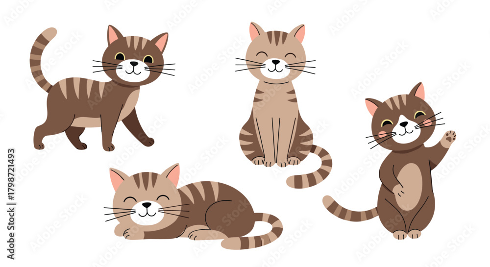 Fototapeta premium A charming collection of four cute cartoon tabby cats in various happy poses, including walking, sitting, lying down, and waving.