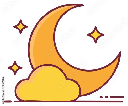 Cartoon crescent moon illustration with fluffy cloud and shining stars in the night sky
