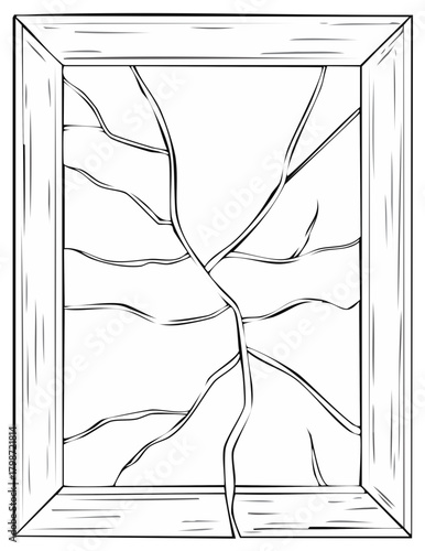 Hand drawn sketch of a cracked glass window pane with a wooden frame