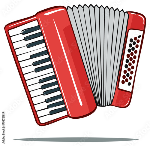 Vibrant red piano accordion musical instrument cartoon illustration for folk music
