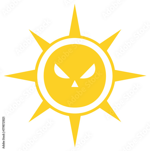 Stylized angry yellow sun icon with sharp pointed rays, graphic illustration of a menacing celestial body.