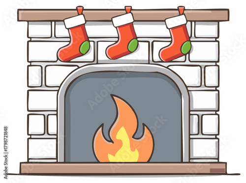 Cozy fireplace with burning flames and festive Christmas stockings hanging above