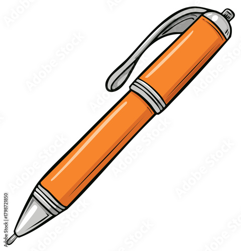 Bright Orange Ballpoint Pen Office Stationery Cartoon Vector Graphic Illustration