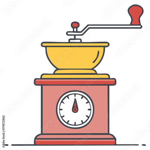 Classic Hand Crank Coffee Grinder with Front Gauge and Hopper Flat Design Illustration