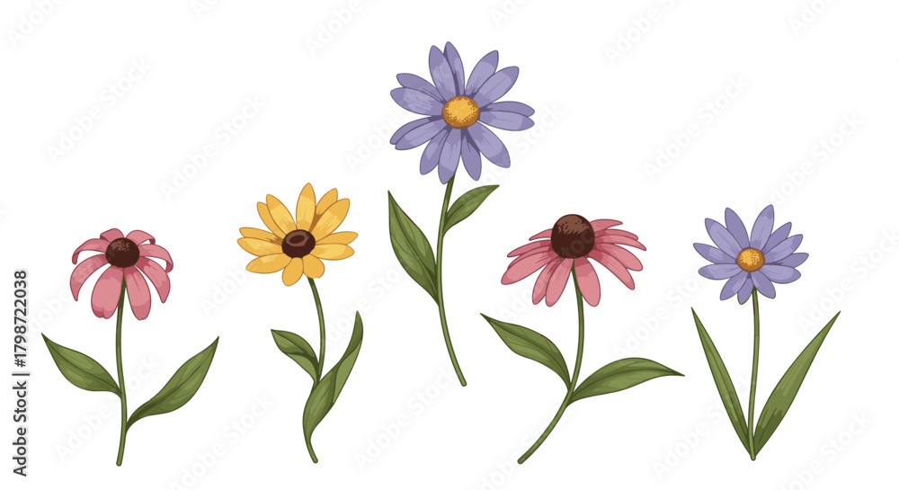 Obraz premium Watercolor illustration of a vibrant collection of pink coneflowers, yellow daisies, and purple asters with green stems, isolated on a white background.