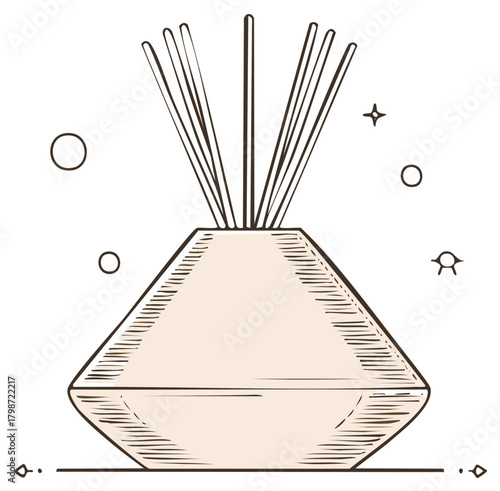 Geometric reed diffuser illustration with aroma sticks and decorative elements