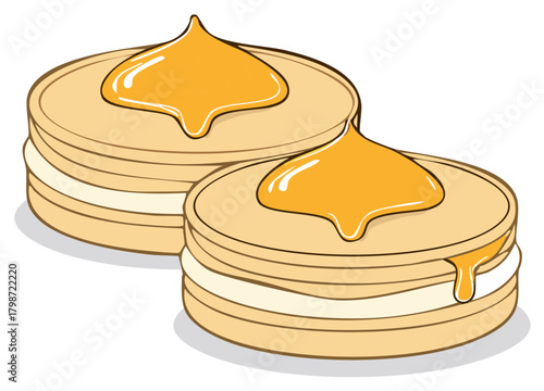 Two stacks of pancakes with golden syrup dripping down the sides and on top