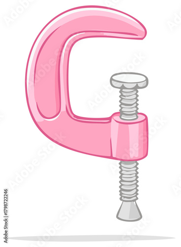 Bright pink C clamp fastening tool vector illustration for construction and home improvement