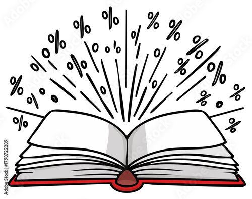 Open book bursts with percentage symbols representing financial knowledge and economics
