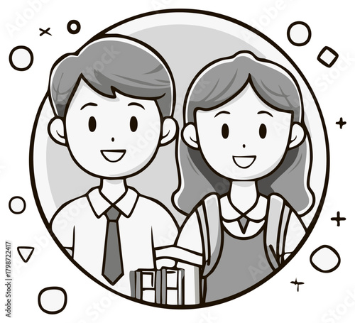 Stylized Graphic of Two Children Holding a Gift In an Illustration With Geometric Shapes