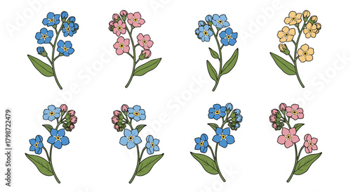 Eight hand-drawn forget-me-not flower illustrations in blue, pink, and yellow hues, ideal for spring and delicate nature-themed designs.