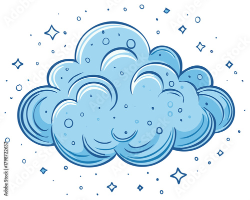 Whimsical Blue Cloud surrounded by Sparkling Stars Hand Drawn Illustration Graphic Resource