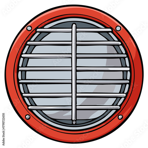 Vibrant red circular industrial vent with a metallic silver grille cartoon illustration