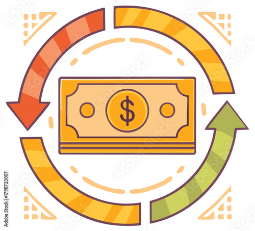 Money circulation and financial cycle with arrows and dollar bill