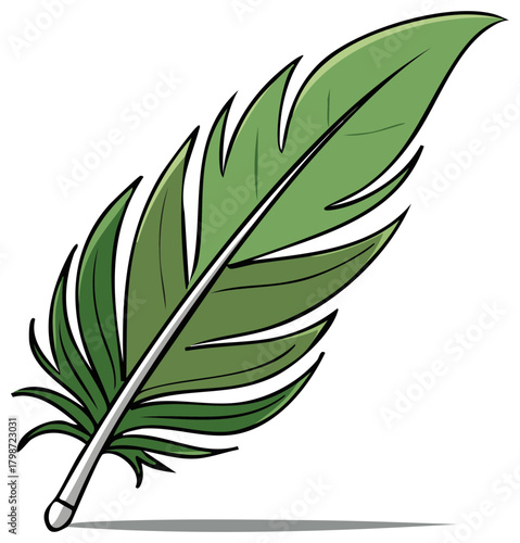 Cartoon illustration of a single green quill feather