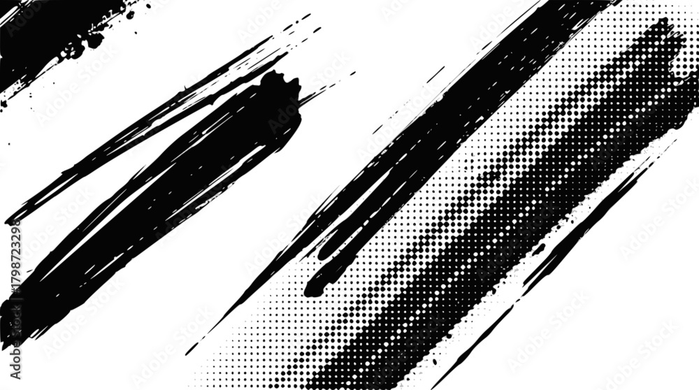 Fototapeta premium Abstract black brush strokes and halftone pattern on