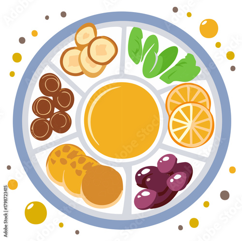 Colorful Plate with Sliced Fruits and Vegetables Arrangement in a Round Division Graphic