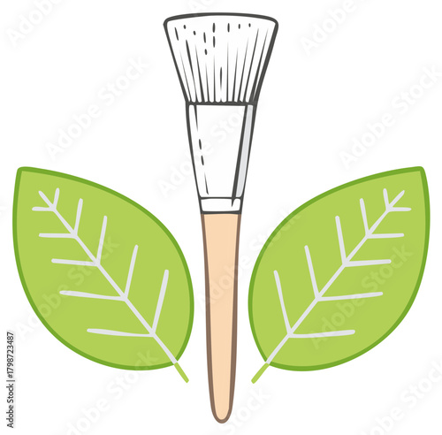 Makeup brush stands tall between two vibrant green leaves symbolizing natural beauty and botanical ingredients