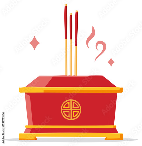Vibrant red incense burner with golden trim holds burning incense sticks emitting fragrant smoke and sparkles