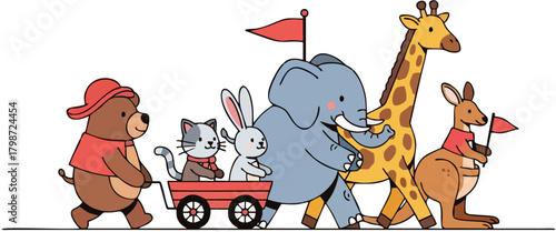 Cartoon animals parade: Bear pulling a wagon with cat and rabbit, followed by elephant, giraffe, and kangaroo with a flag.