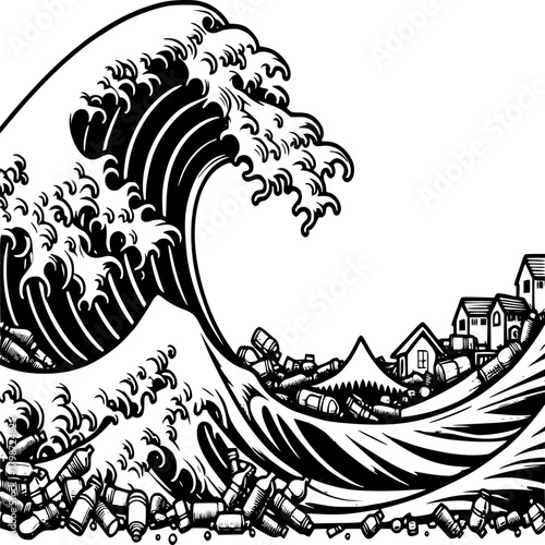 Ocean's Plastic Tide: A stark depiction of a towering wave crafted from plastic debris engulfing a serene coastal village, serves as a poignant reminder of our environmental responsibility
