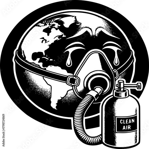 Cry for Clean Air: A poignant visual of planet Earth, wearing a respirator mask, shedding tears, with a 'clean air' canister beside it.