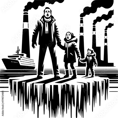 Climate Change in a Stark World: A father and two children stand on a melting iceberg, framed by ominous smokestacks and a ship, evoking the critical impact of environmental crisis. 