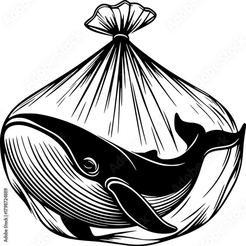 Whale Trapped in Plastic Bag: A stark depiction of a majestic whale, confined and entrapped within a transparent plastic bag, symbolizing the devastating impact of plastic pollution on marine life.