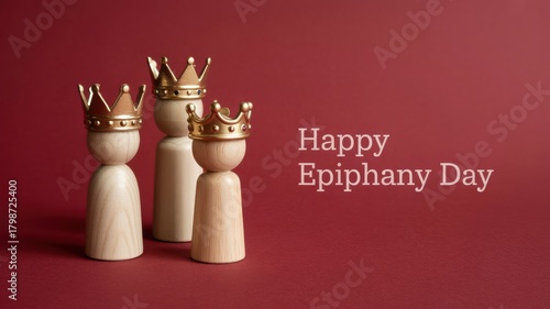 Three wooden figures with golden crowns on a red background for happy epiphany day celebration