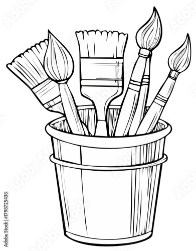 Artistic Collection Of Paint Brushes In A Container Hand Drawn Sketch