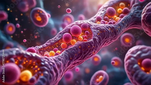 A microscopic visualization of vibrant cellular energy, showing active particles flowing through a biological system