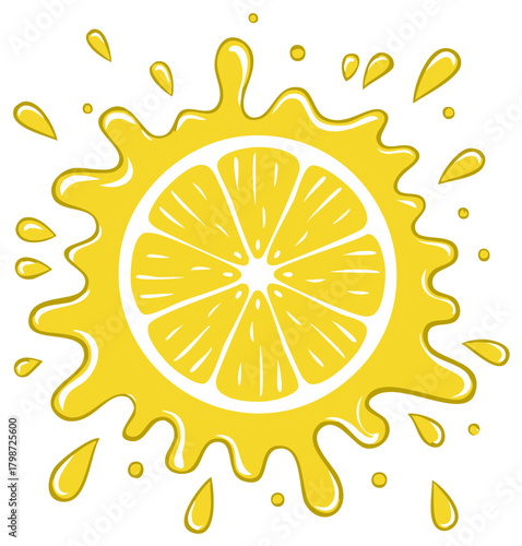 Lemon fruit slice in splash with juice droplets and yellow illustration