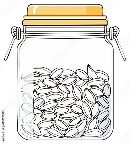 Glass jar filled with numerous small, oval seeds with a yellow lid and metal clamp closure